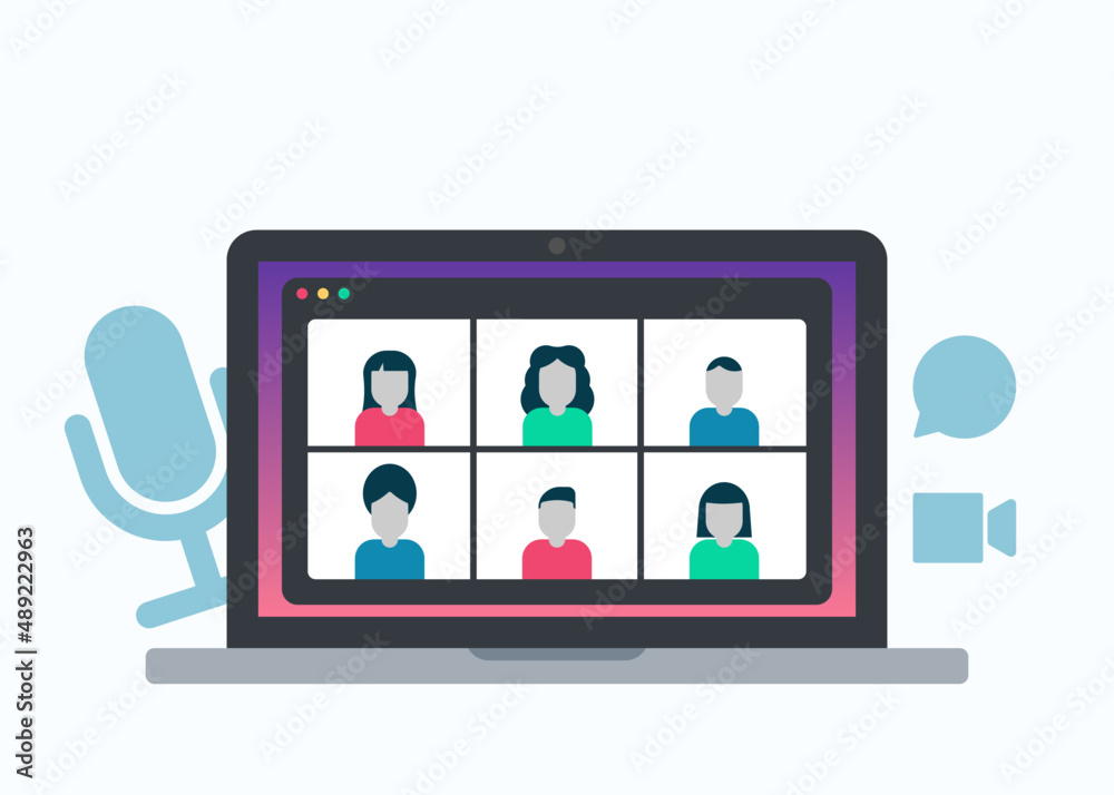 Fototapeta premium Video conference call concept. Colleagues talk to each other on the laptop screen. Work from home. Online meeting. Flat vector illustration.