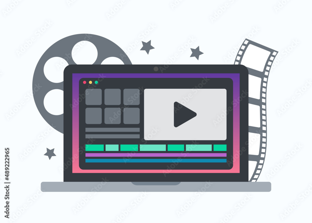 Video editing software concept. Film making on laptop display. Animator