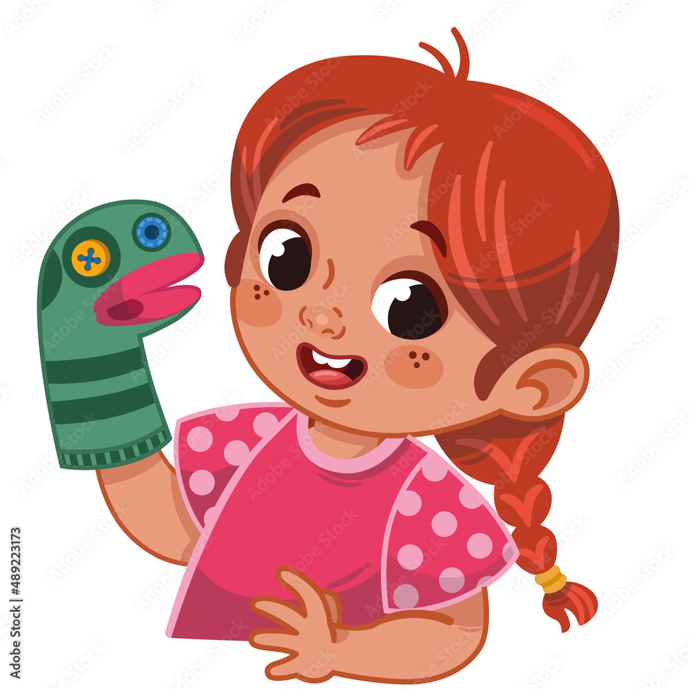 Cute little girl playing with her hand puppet. Vector illustration. Cute little girl playing with her hand puppet. Vector illustration.