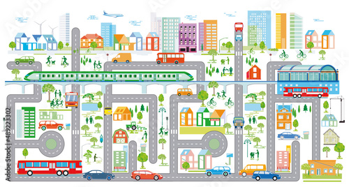 Stadtplan mit Straßenverkehr und Häusern, Informationsgrafik, Illustration