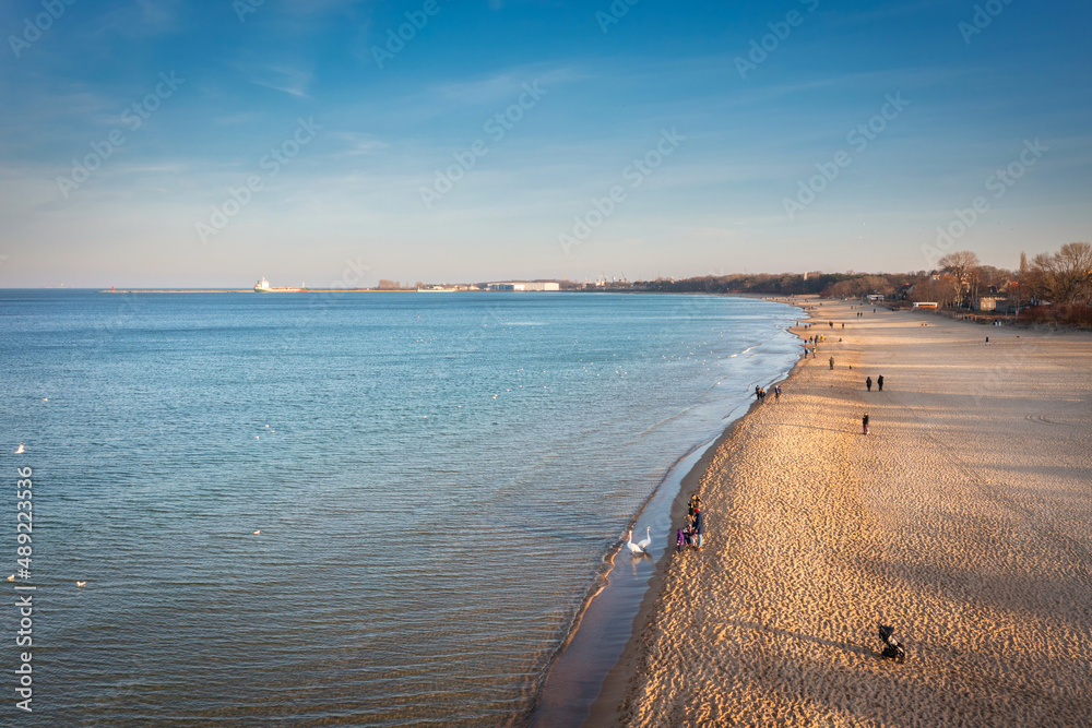 Baltic Sea beach in Brzezno at sunset in Gdansk. Poland