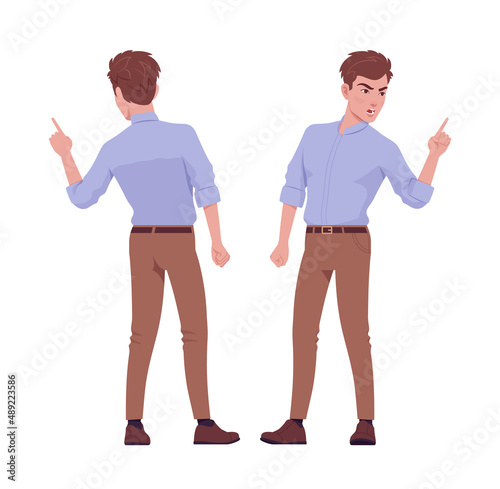 Young handsome businessman standing finger pointing in talk, corporate trainer. Office boy, male manager in formal wear. Vector flat style cartoon character isolated, white background, front, rear