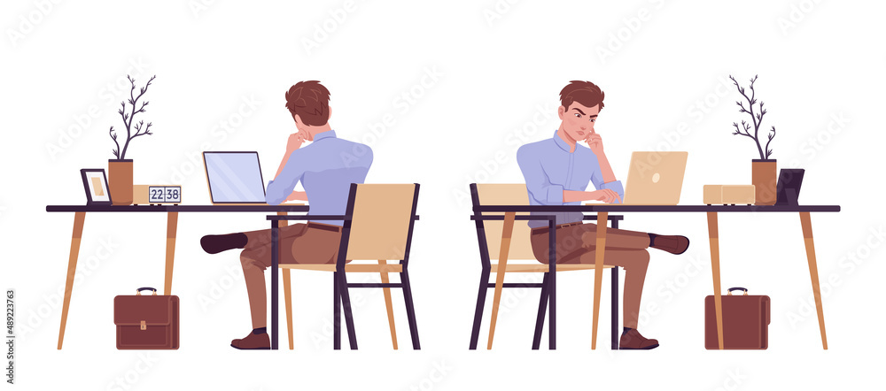 Young handsome businessman sitting, working at desk. Office boy, smart student, male manager in formal wear. Vector flat style cartoon character isolated on white background, front, rear view