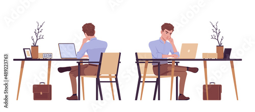 Young handsome businessman sitting, working at desk. Office boy, smart student, male manager in formal wear. Vector flat style cartoon character isolated on white background, front, rear view © andrew_rybalko