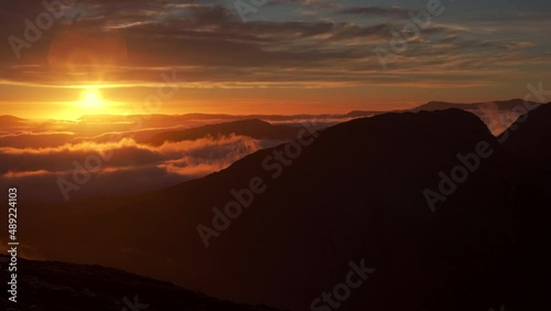 Glorious sunrise aerial view of the Snowdonia Rhinogydd mountains photo