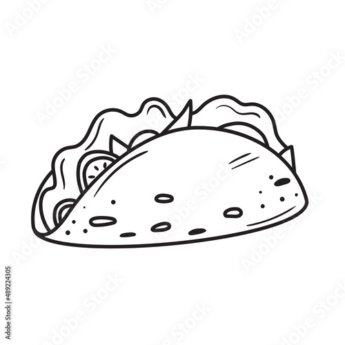 Black outline taco icon. Doodle silhouette of traditional mexican meal. Hand drawn fast food drawing. Vector illustration