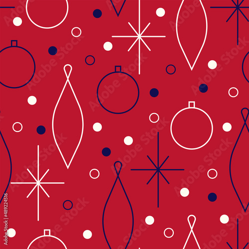 Christmas seamless vector pattern. Minimalistic illustration with snowflakes and Christmas tree decoration ball. Line art, north hugge aesthetic