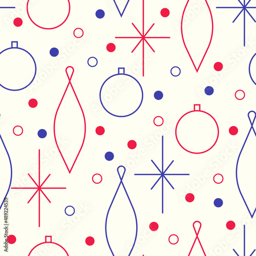 Christmas seamless vector pattern. Minimalistic illustration with snowflakes and Christmas tree decoration ball. Line art, north hugge aesthetic