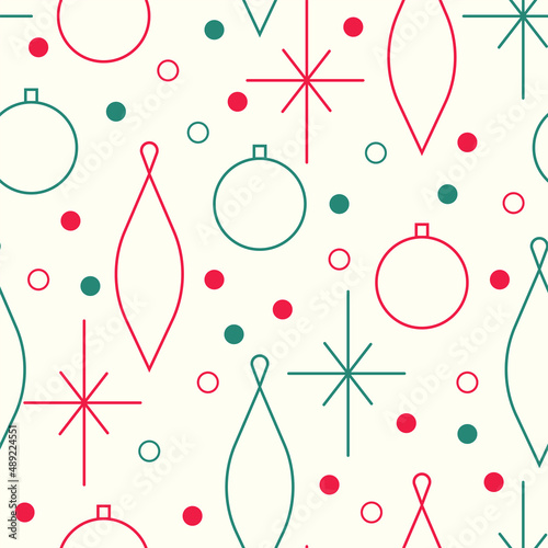 Christmas seamless vector pattern. Minimalistic illustration with snowflakes and Christmas tree decoration ball. Line art, north hugge aesthetic