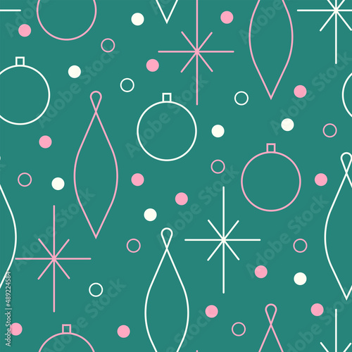 Christmas seamless vector pattern. Minimalistic illustration with snowflakes and Christmas tree decoration ball. Line art, north hugge aesthetic