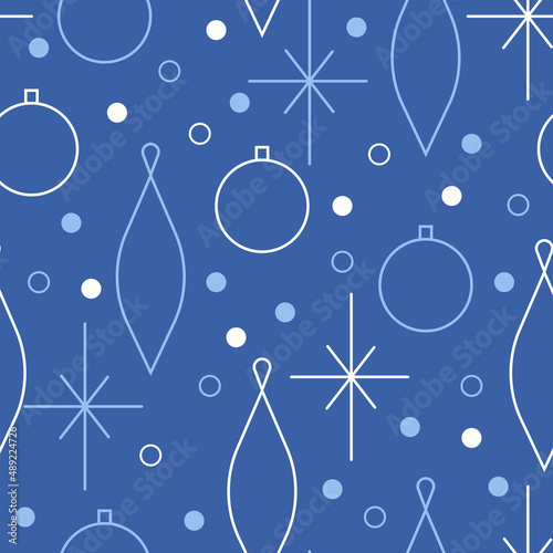 Christmas seamless vector pattern. Minimalistic illustration with snowflakes and Christmas tree decoration ball. Line art, north hugge aesthetic