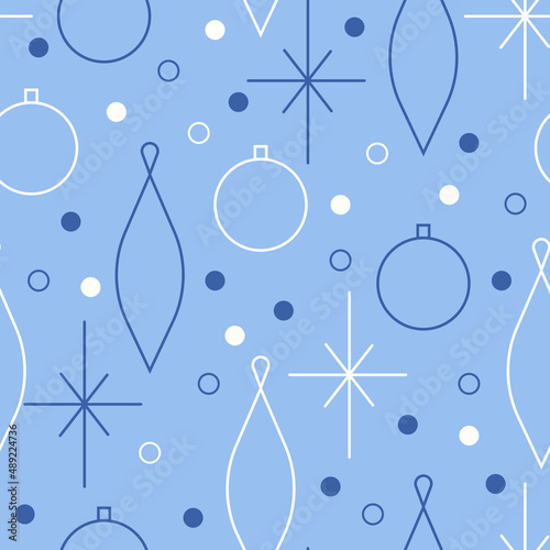 Christmas seamless vector pattern. Minimalistic illustration with snowflakes and Christmas tree decoration ball. Line art, north hugge aesthetic