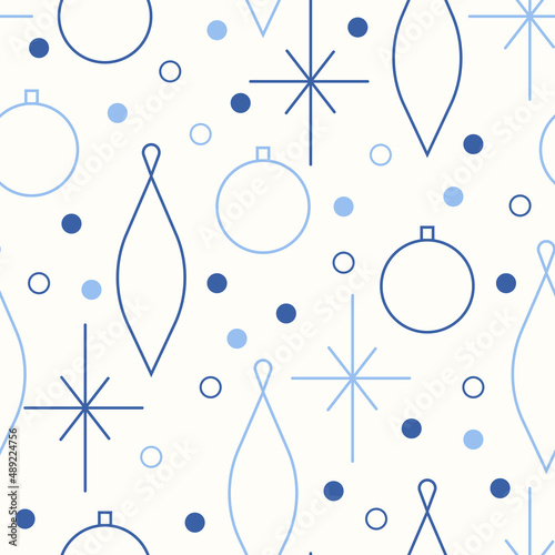 Christmas seamless vector pattern. Minimalistic illustration with snowflakes and Christmas tree decoration ball. Line art, north hugge aesthetic