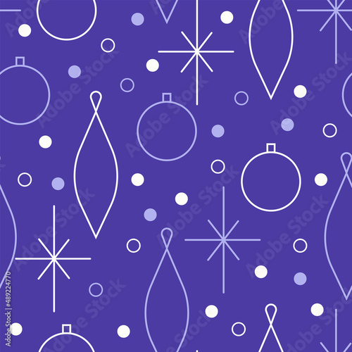 Christmas seamless vector pattern. Minimalistic illustration with snowflakes and Christmas tree decoration ball. Line art, north hugge aesthetic