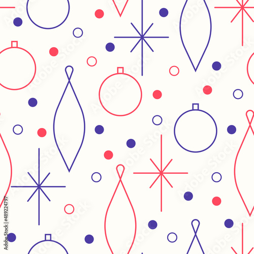 Christmas seamless vector pattern. Minimalistic illustration with snowflakes and Christmas tree decoration ball. Line art, north hugge aesthetic