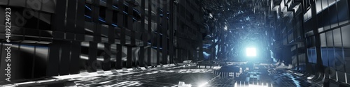 Reflective or chrome style futuristic sci-fi corridor or pathway background with exit or incoming light ahead. Wide header dimension. Abstract cyber or digital pathway concept. 3D rendering.