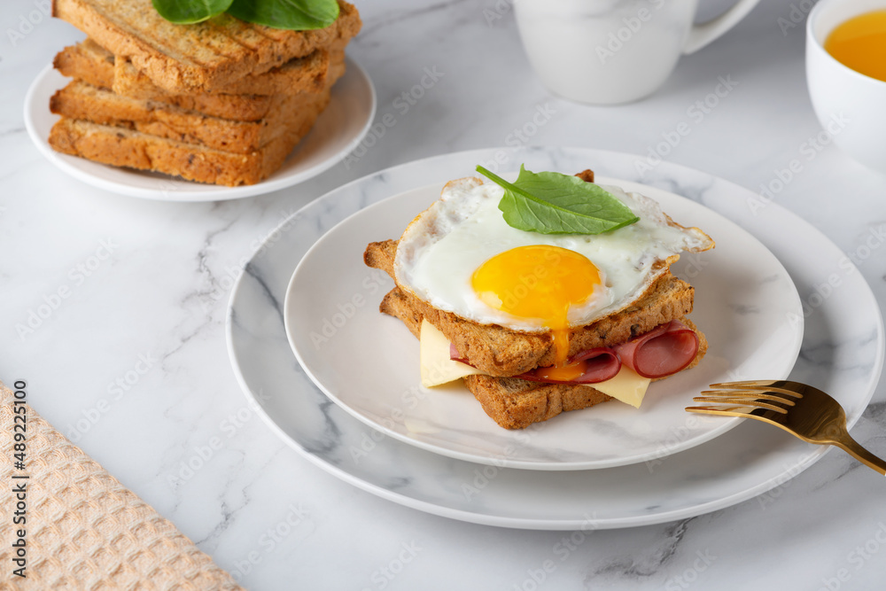 Sandwich with a fried egg, bacon, cheese and spinach Sandwich with a fried egg, bacon, cheese and spinach