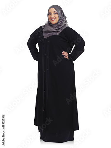 Shes got a light in her eyes. Studio portrait of a young muslim woman isolated on white.