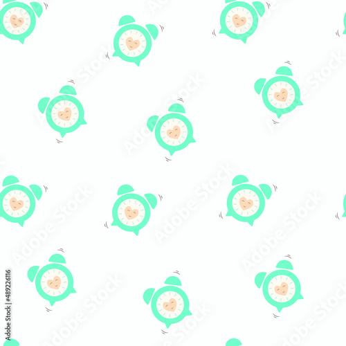 Seamless pattern of vintage cartoon alarm clocks in turquoise colour with a heart inside. Flat clock. Vector illustration
