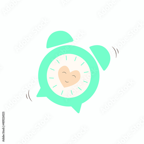 Vector illustration of vintage turquoise alarm clock with a smiling heart inside. Cartoon character. Cartoon clock