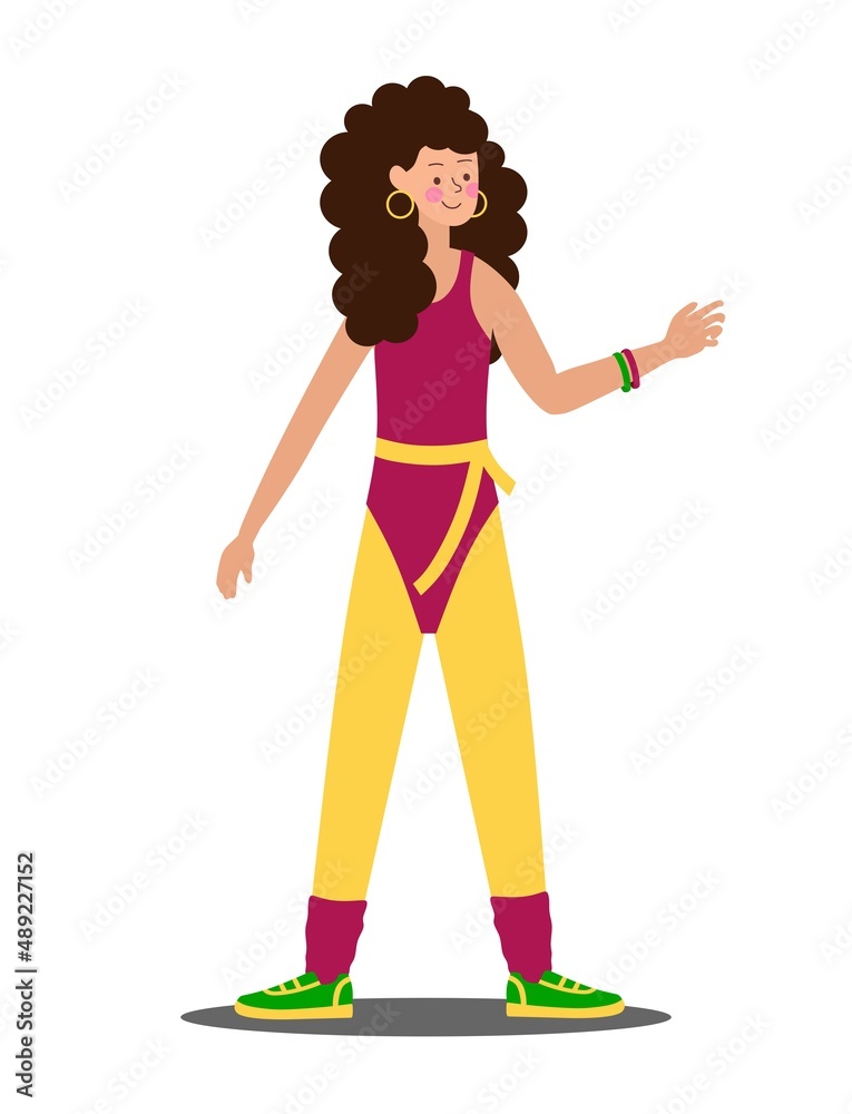 A young girl in Fashionable clothes, leggings and a swimsuit and hairstyles of the 80s-90s Stylish retro party. Character Vector Illustration A young girl in Fashionable clothes, leggings and a swimsuit and hairstyles of the 80s-90s Stylish retro party. Character Vector Illustration