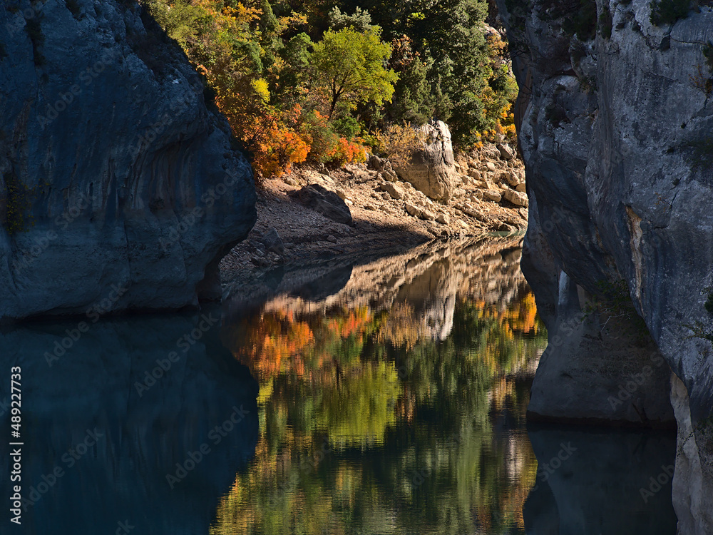 Closeup view of the western entrance of famous canyon Verdon Gorge (Gorges du Verdon) in Provence, France in autumn season with limestone rocks.
