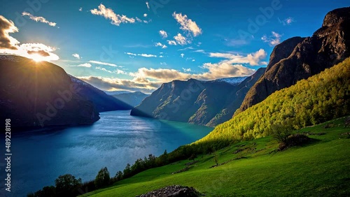 Sunset time lapse over dramatic fjord landscape, epic beauty ; Flam, Norway