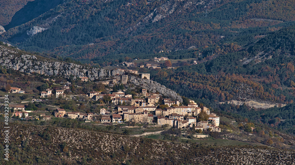 Beautiful view of small mountain village Trigance located in a rural region of Provence in southern France with historic castle ruin and old buildings.