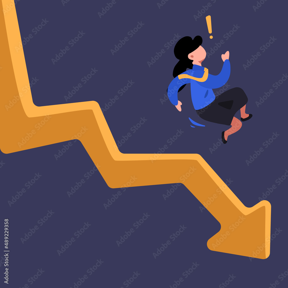 Business flat drawing businesswoman fall down chart. Young female manager bankrupt falling down from arrow. Economic failure investment and financial stock market crash. Cartoon vector illustration Business flat drawing businesswoman fall down chart. Young female manager bankrupt falling down from arrow. Economic failure investment and financial stock market crash. Cartoon vector illustration