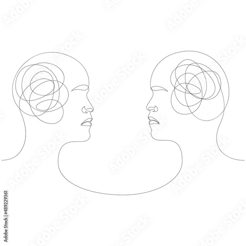 Confused thoughts concept. Two people with a conditional image of the brain in the form of a tangled ball. Vector illustration.