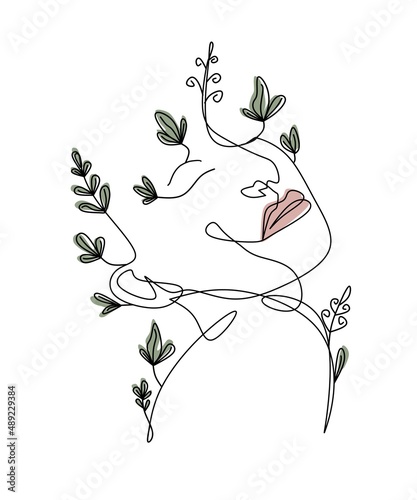 one line abstract Art of female face and leaves, on a white background and aesthetically pleasing colors for posters and wallpapers photo