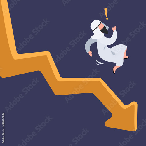 Business concept design Arab businessman fall down chart. Male manager bankrupt falling down from arrow. Economic failure investment and financial stock market crash. Vector illustration flat cartoon