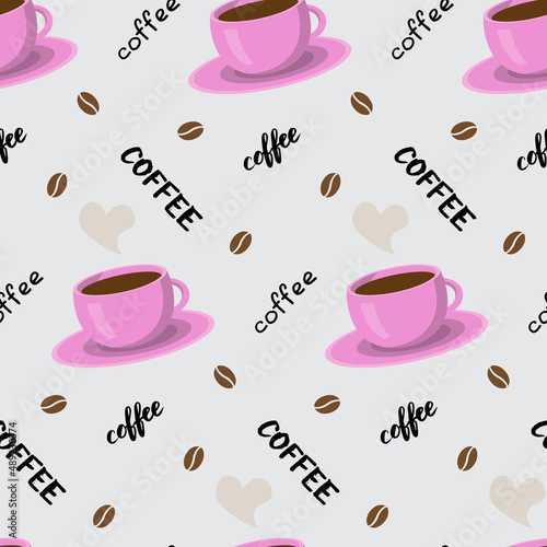Vector seamless pattern with coffee cup, lettering and beans. Beautiful print in pastel tones. Background for textile, clothes, coffee shops, cafe and decor. Cute illustration. 