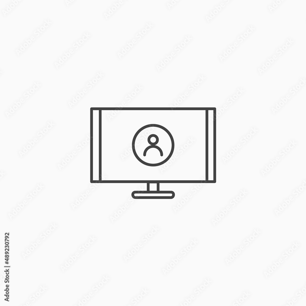 Virtual video interview work line icon. Screen webinar monitor digital news talk Virtual video interview work line icon. Screen webinar monitor digital news talk