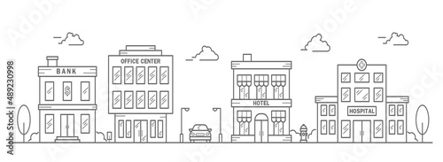 City skyline in line art style. Landscape with row houses of bank, office center, hotel, hospital. Street horizontal panorama. Vector illustration
