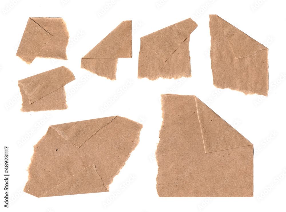 Cardboard Pieces Set Isolated. Carton Piece Mockups Collection, Ripped Kraft Paper for Templates, Brown Wrapping Fragmentary Papers with Copy Space Top View