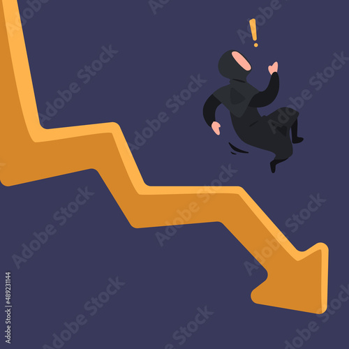 Business concept flat Arabian businesswoman fall down chart. Female manager bankrupt falling down from arrow. Economic failure investment and financial stock market crash. Design vector illustration
