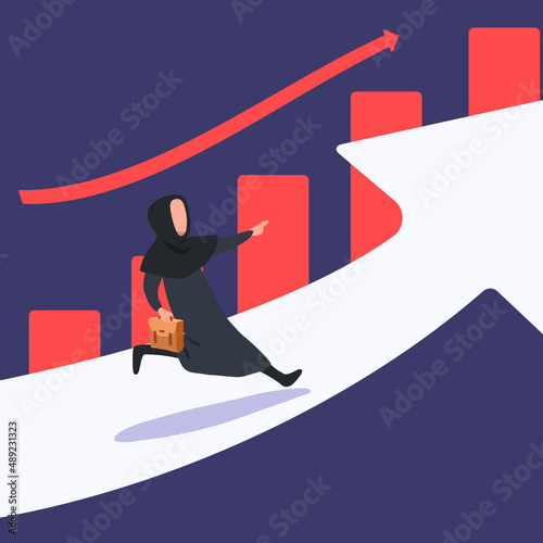 Business concept design Arab businesswoman running on arrow up go to success, graph. Business vision. Investment profit and earning, stock market growth or fund. Vector illustration flat cartoon style