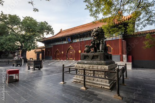 Eine Bronzestatue eines chinesischen Drachens vor einem roten, traditionellen Gebäude des chinesischen Lama Tempels in Peking photo