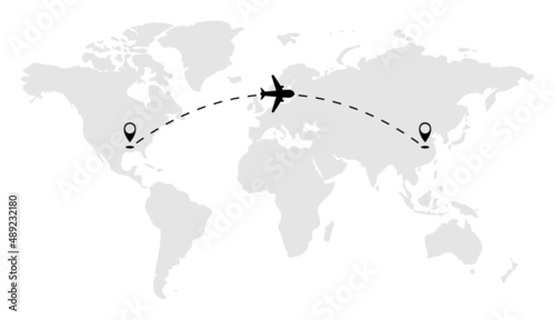 Plane with path line Vector illustration. Plane flight route over world map.