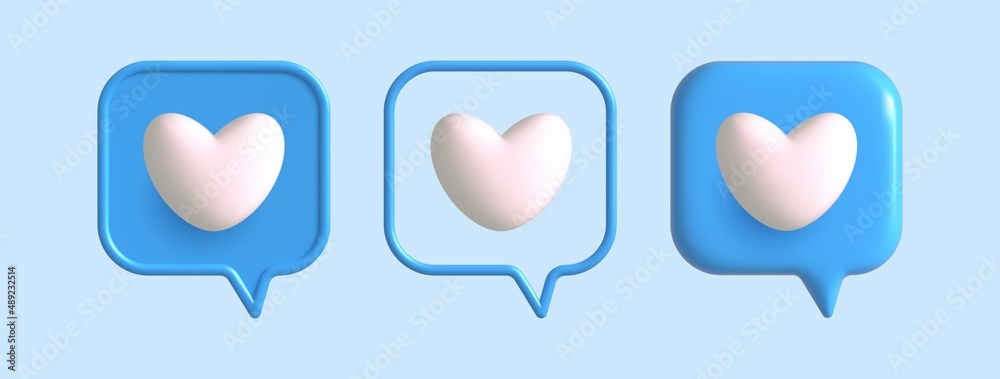 3d like heart icon in blue speech bubble. Social media icons different shapes .Message love box,follow, button, like favorite element . Vector realistic illustration 3d like heart icon in blue speech bubble. Social media icons different shapes .Message love box,follow, button, like favorite element . Vector realistic illustration