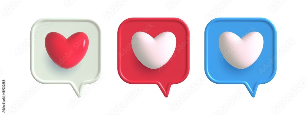 3d like heart icon speech bubble. Social media icons different shapes .Message love box,follow, button, like favorite element . Vector realistic illustration 3d like heart icon speech bubble. Social media icons different shapes .Message love box,follow, button, like favorite element . Vector realistic illustration