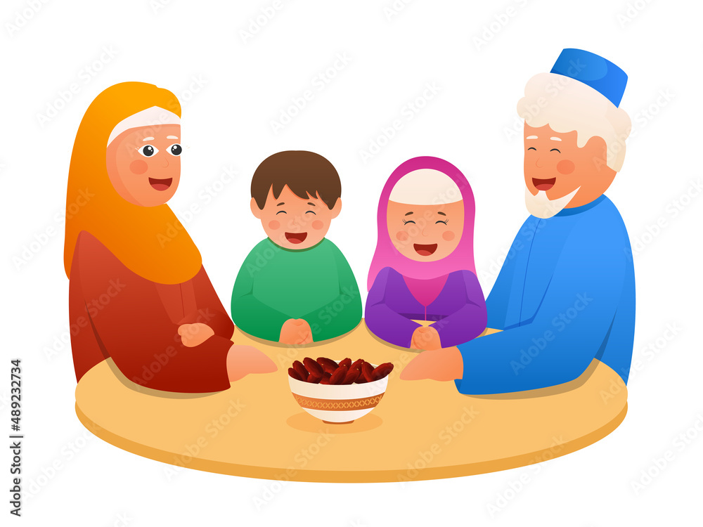 Islamic Family Together At Dining Table With Bowl Full Of Dates Against White Background. Islamic Family Together At Dining Table With Bowl Full Of Dates Against White Background.