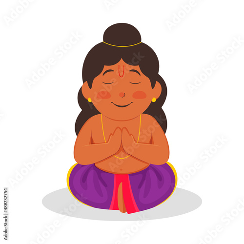 Illustration Of Sadhu Boy Or Prahlad Doing Prayer With Closed Eyes In Sitting Pose.