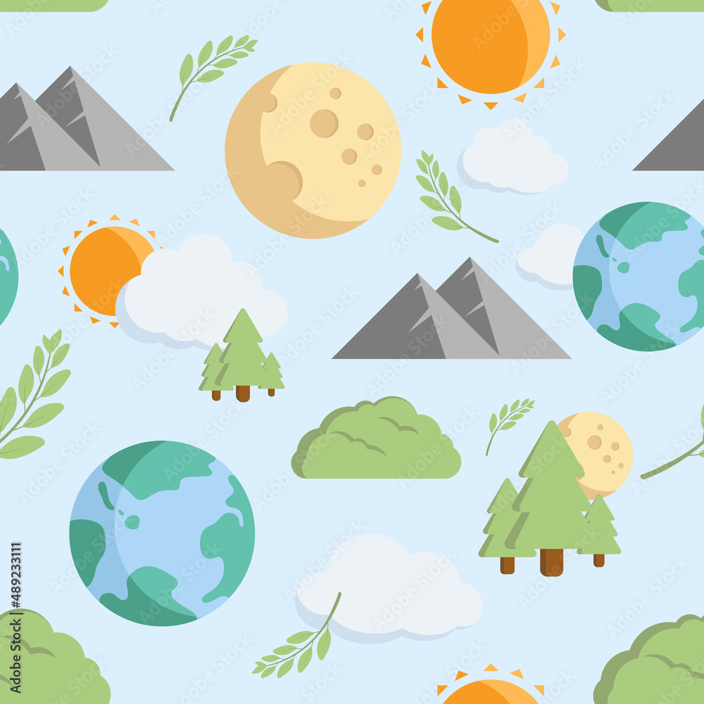 Seamless Pattern Environment of Earth Moon Mount Tree Cloud and Leaf in Vector for Background and Print Seamless Pattern Environment of Earth Moon Mount Tree Cloud and Leaf in Vector for Background and Print
