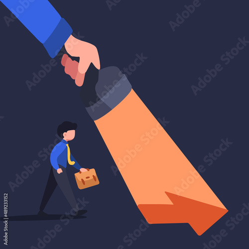 Business concept design young businessman following guided by hand holding flashlight uncovering hidden arrow sign. Flashlight uncovering direction for worker. Vector illustration flat cartoon style