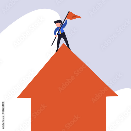 Business concept flat style isolated of businessman planted flag on top of up arrows symbol. Male manager occupied top of arrow, which symbolizes business growth. Graphic design vector illustration