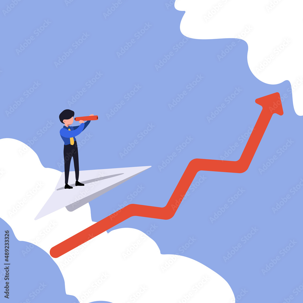 Business concept flat businessman standing holding binoculars on paper plane flying up into sky while flying above arrow graph. Business vision. Searching new opportunity. Design vector illustration Business concept flat businessman standing holding binoculars on paper plane flying up into sky while flying above arrow graph. Business vision. Searching new opportunity. Design vector illustration