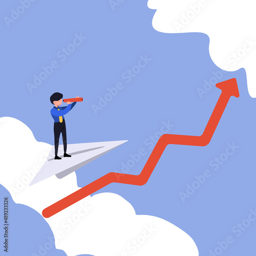 Business concept flat businessman standing holding binoculars on paper plane flying up into sky while flying above arrow graph. Business vision. Searching new opportunity. Design vector illustration © onetime