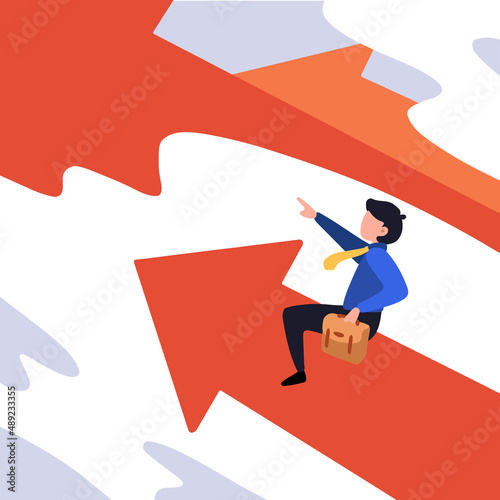 Business flat drawing businessman pointing and driving arrow upward. Business moving forward to achieve success. Leadership vision for career growth, future target concept. Cartoon vector illustration